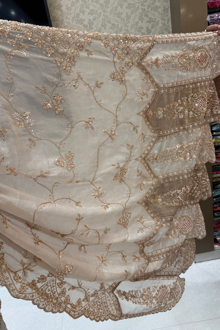 Chiku Saree with Intricate Sequin &amp; Beaded Embroidery and Scalloped Border