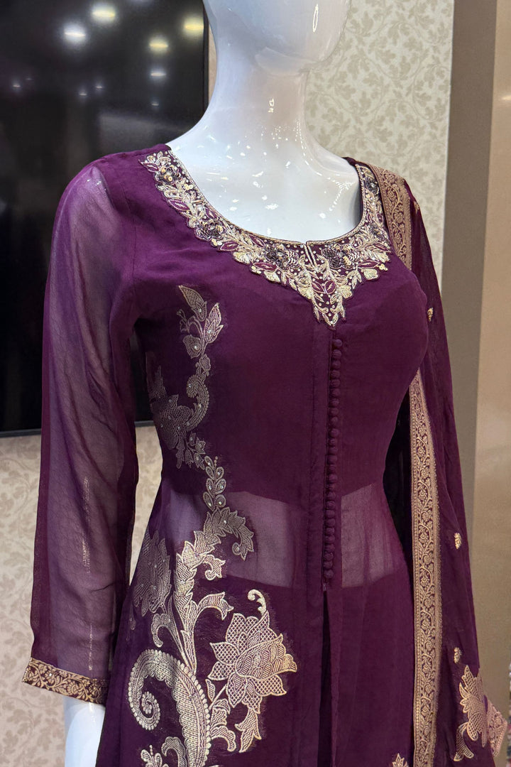 Purple Banaras, Stone, Zardozi, SEquins, Beads and Zari work Straight Cut Salwar Suit