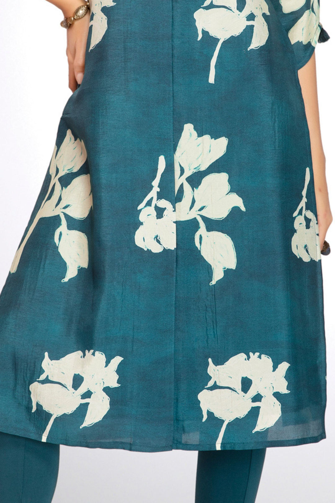 Rama Blue Stone work with Floral Print Calf Length Kurti