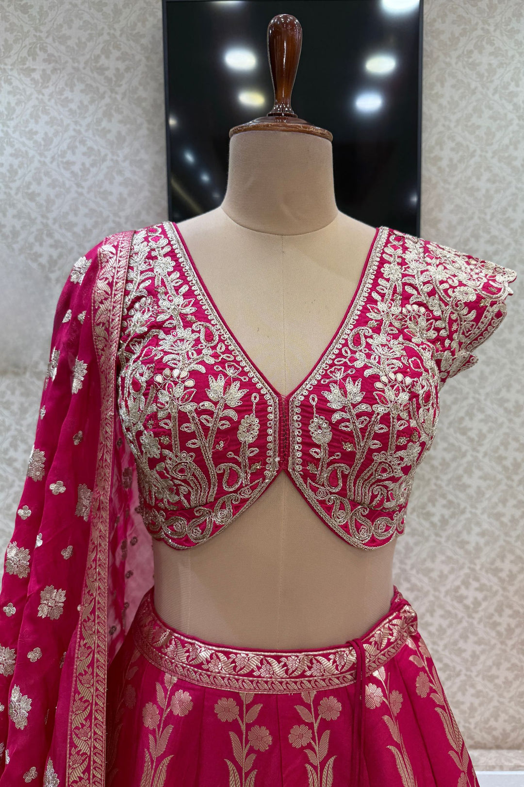Rani Pink V-Neck Lehenga Choli with Zari, Beads, Sequins and Brocade Work
