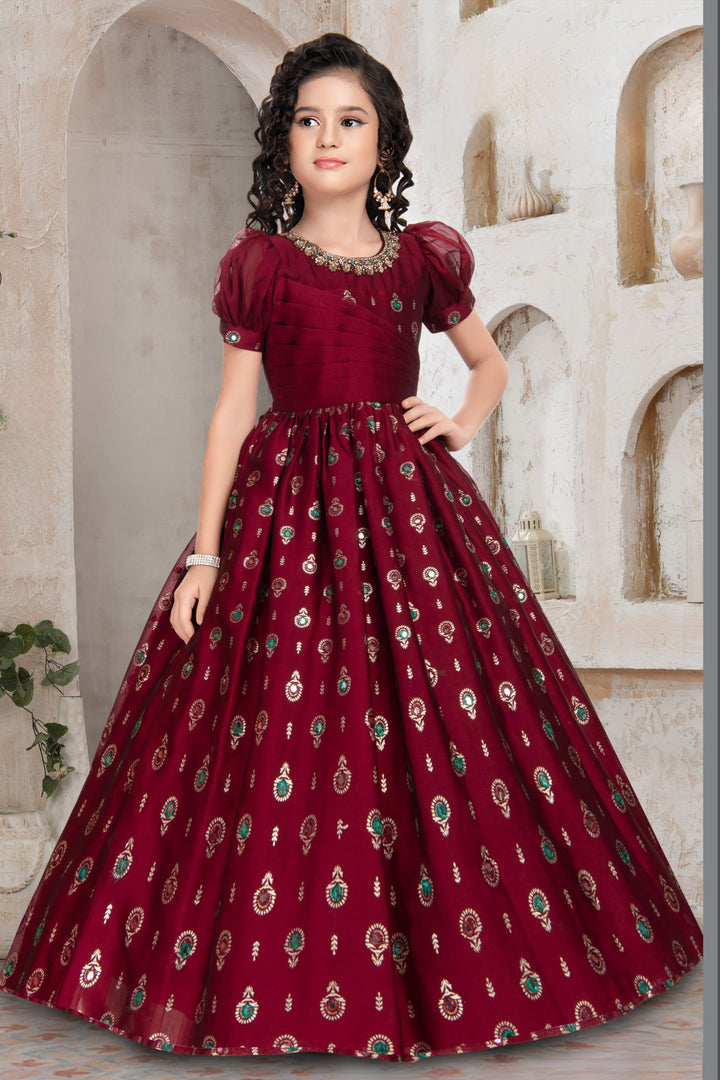 Maroon Printed, Stone, Beads and Zardozi work Long Party Gown for Girls