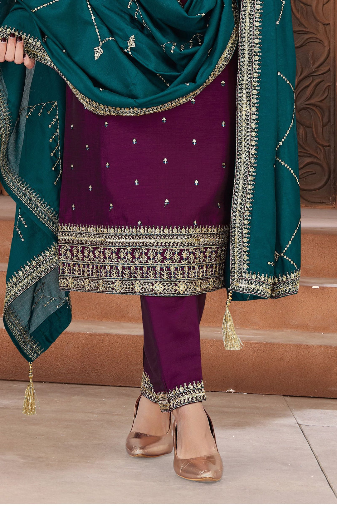 Wine Sequins, Zari, Thread and Beads work Straight Cut Salwar Suit