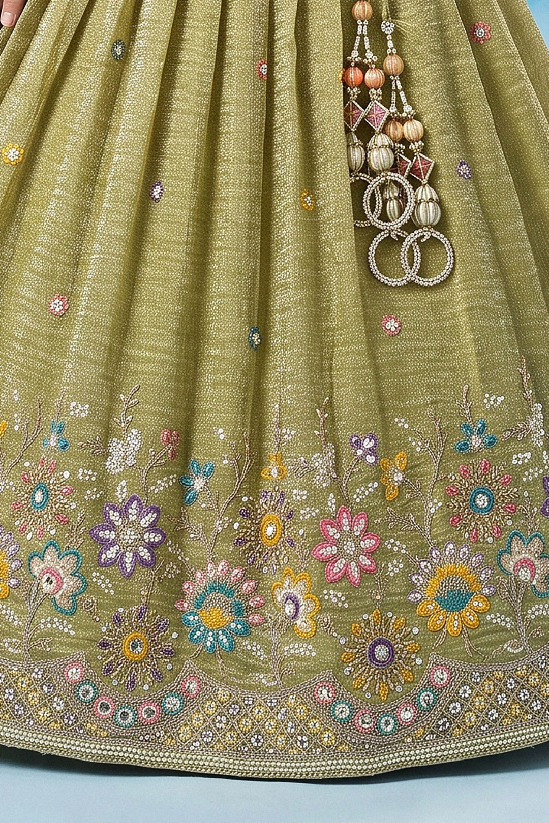 Pista Green Embroidery, Zari, Sequins and Beads work Lehenga Choli for Girls