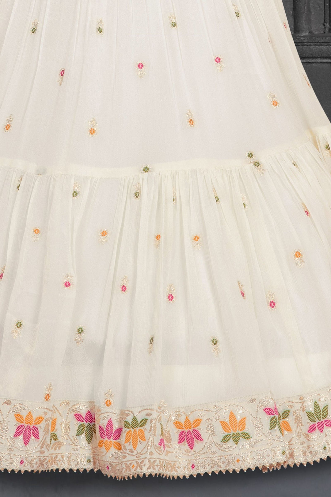 Cream Banaras Zari, Mirror and Stone work Jacket Styled Lehenga Choli for Girls