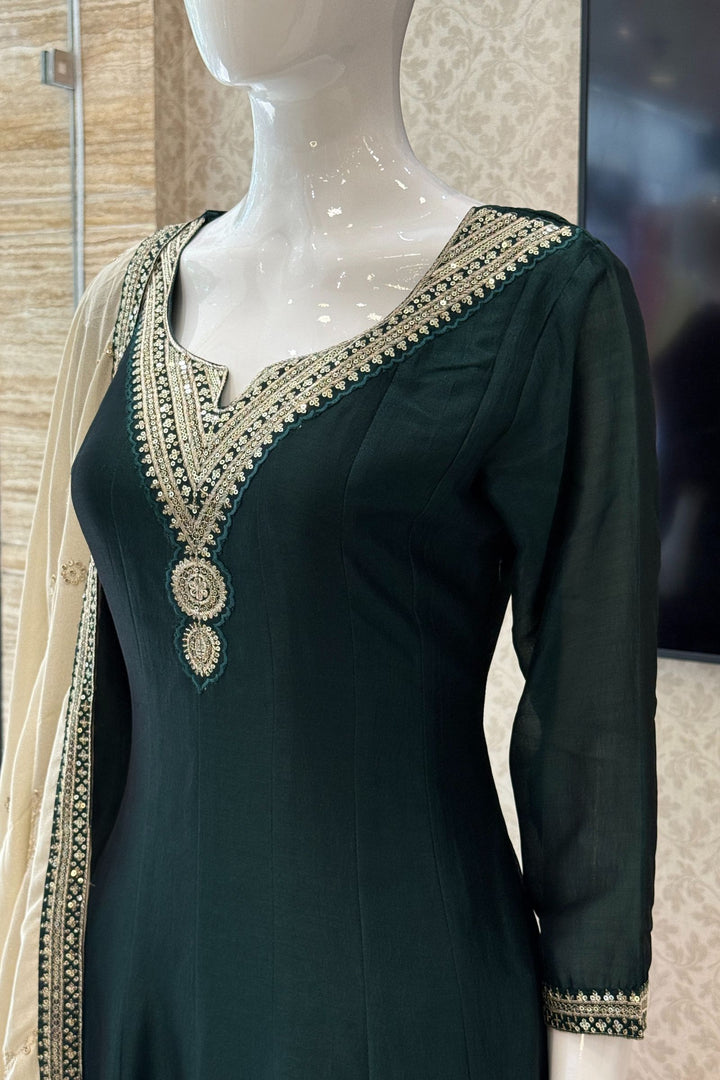 Bottle Green Sequins and Zari work A-line Cut Salwar Suit