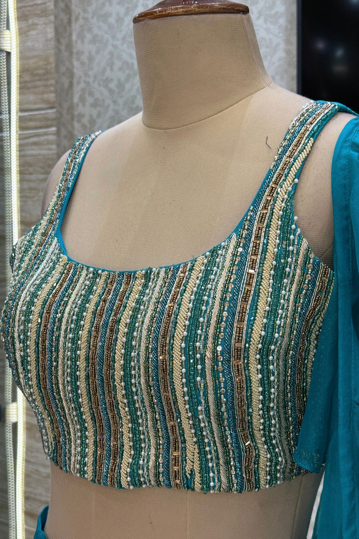 Rama Green Beads, Zardozi, Sequins, Stone and Zari work with Floral Print Lehenga Set