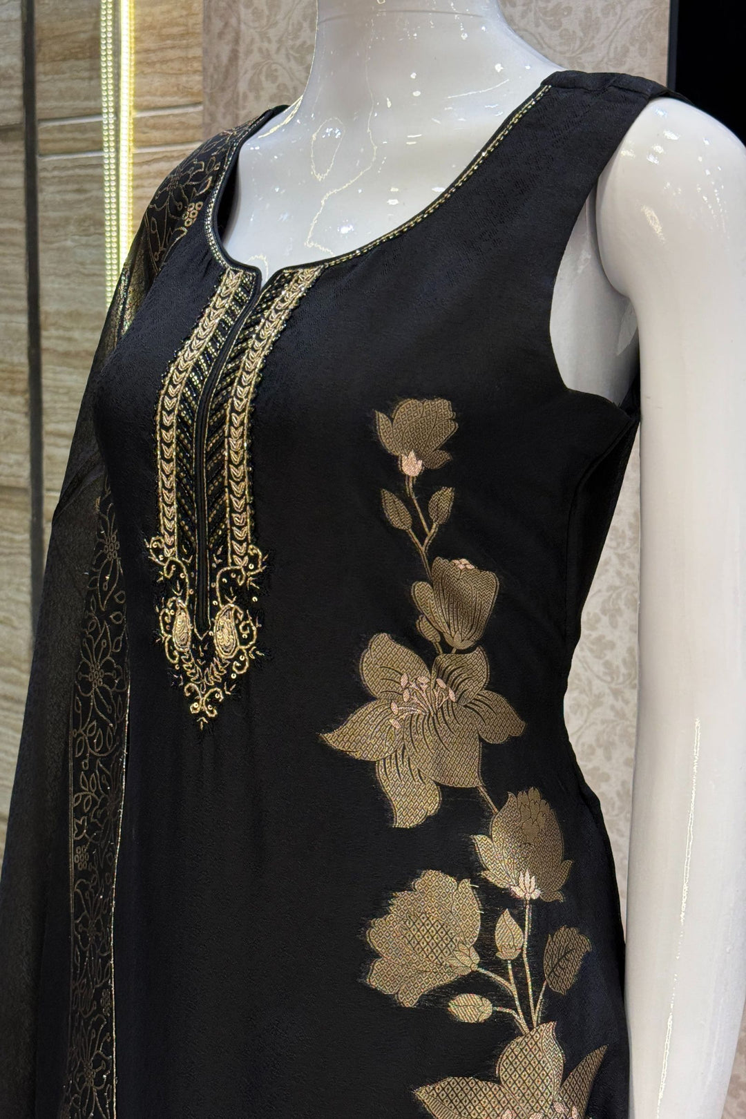 Black Jacquard, Zari, Sequins, Beads and Zardozi work Straight Cut Salwar Suit