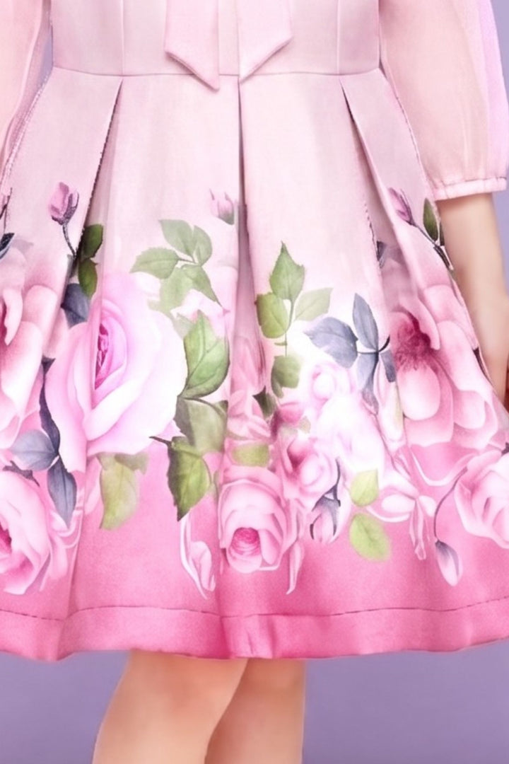Light Pink Floral Print Jacket Styled Short Frock For Girls