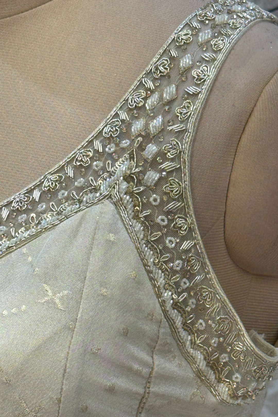 Beige Zari, Beads, Zardozi and Stone work Floor Length Anarkali Suit