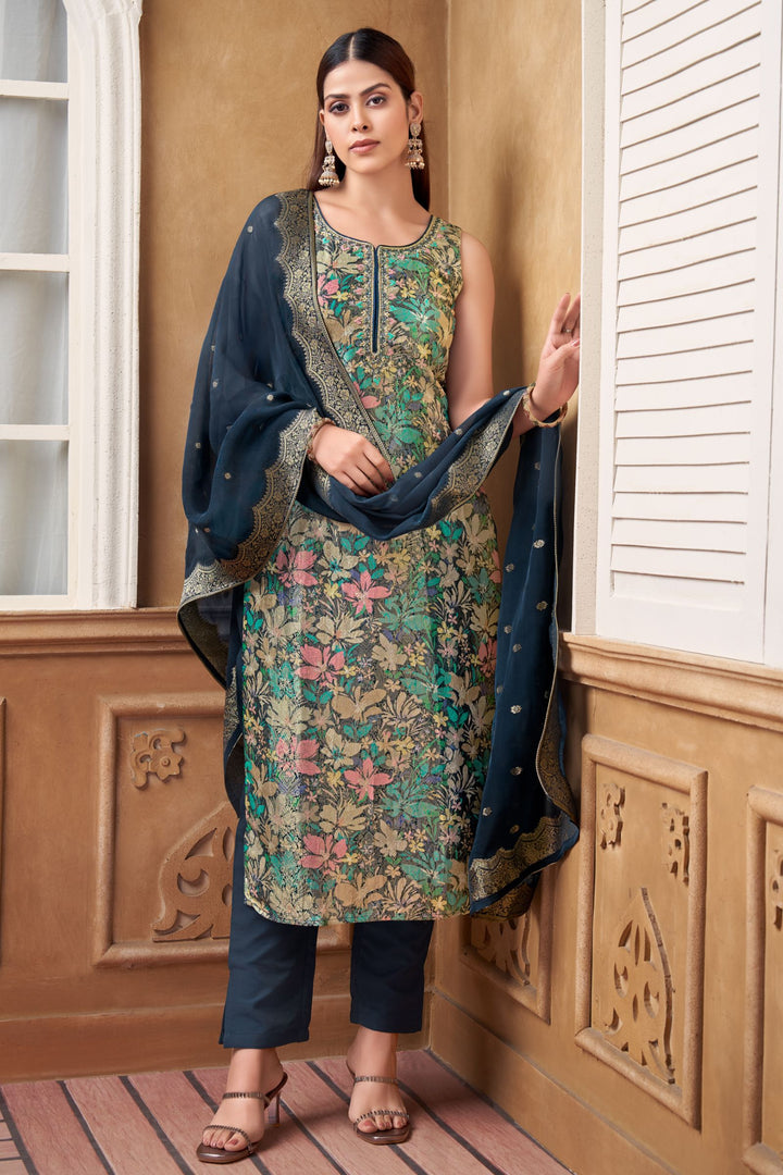 Dark Blue Brocade, Zardozi, Beads and Sequins work Straight Cut Salwar Suit