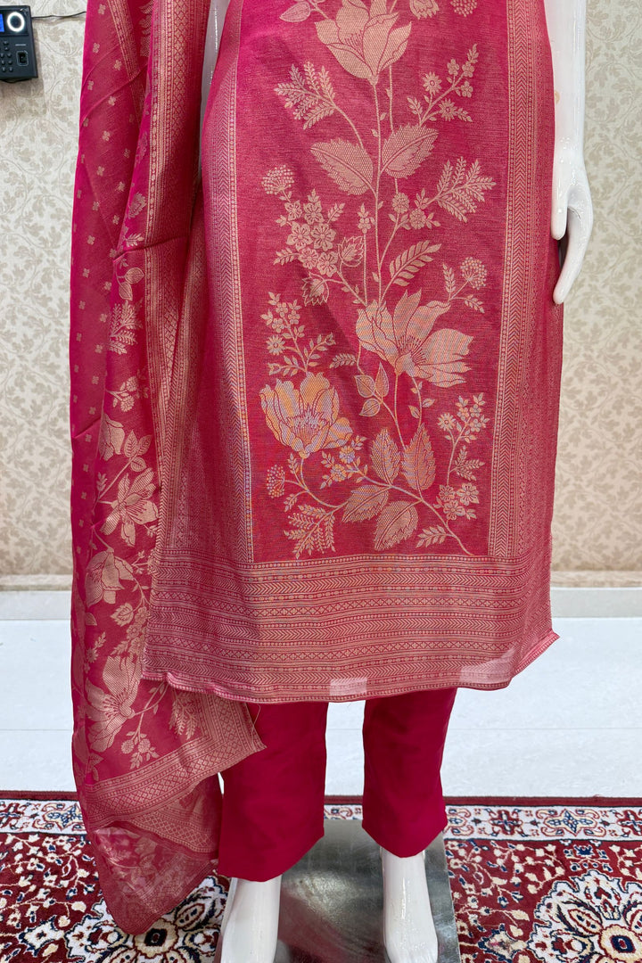 Rani Pink Brocade, Zardozi, Beads, Thread, Stone and Zari work Straight Cut Salwar Suit