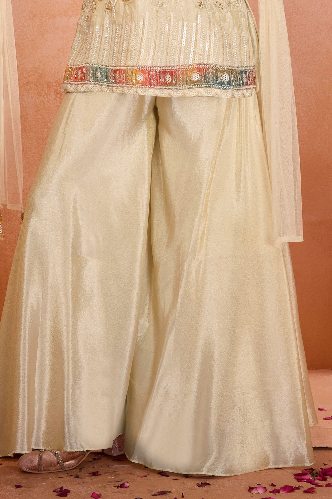 Cream Sequins, Beads and Zari work with Floral Print Palazzo Suit Set for Girls