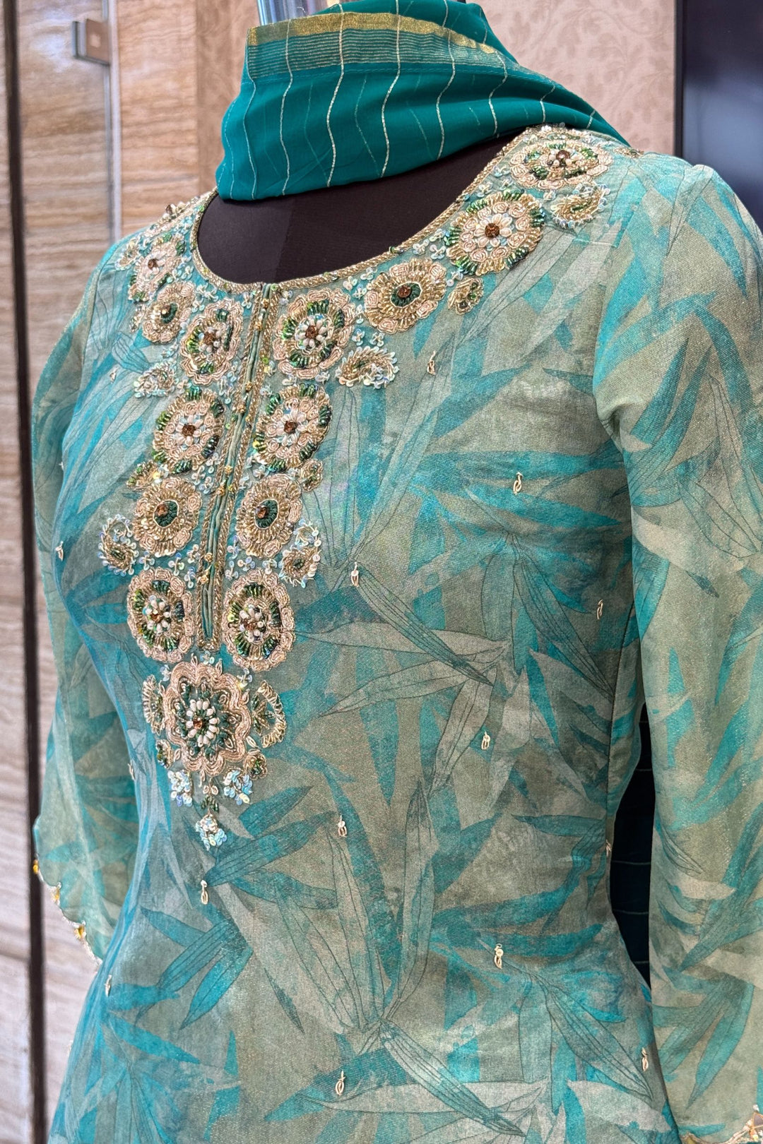 Rama Blue Zardozi, Beads, Sequins, Pearl, Stone and Banaras work Palazzo Salwar Suit