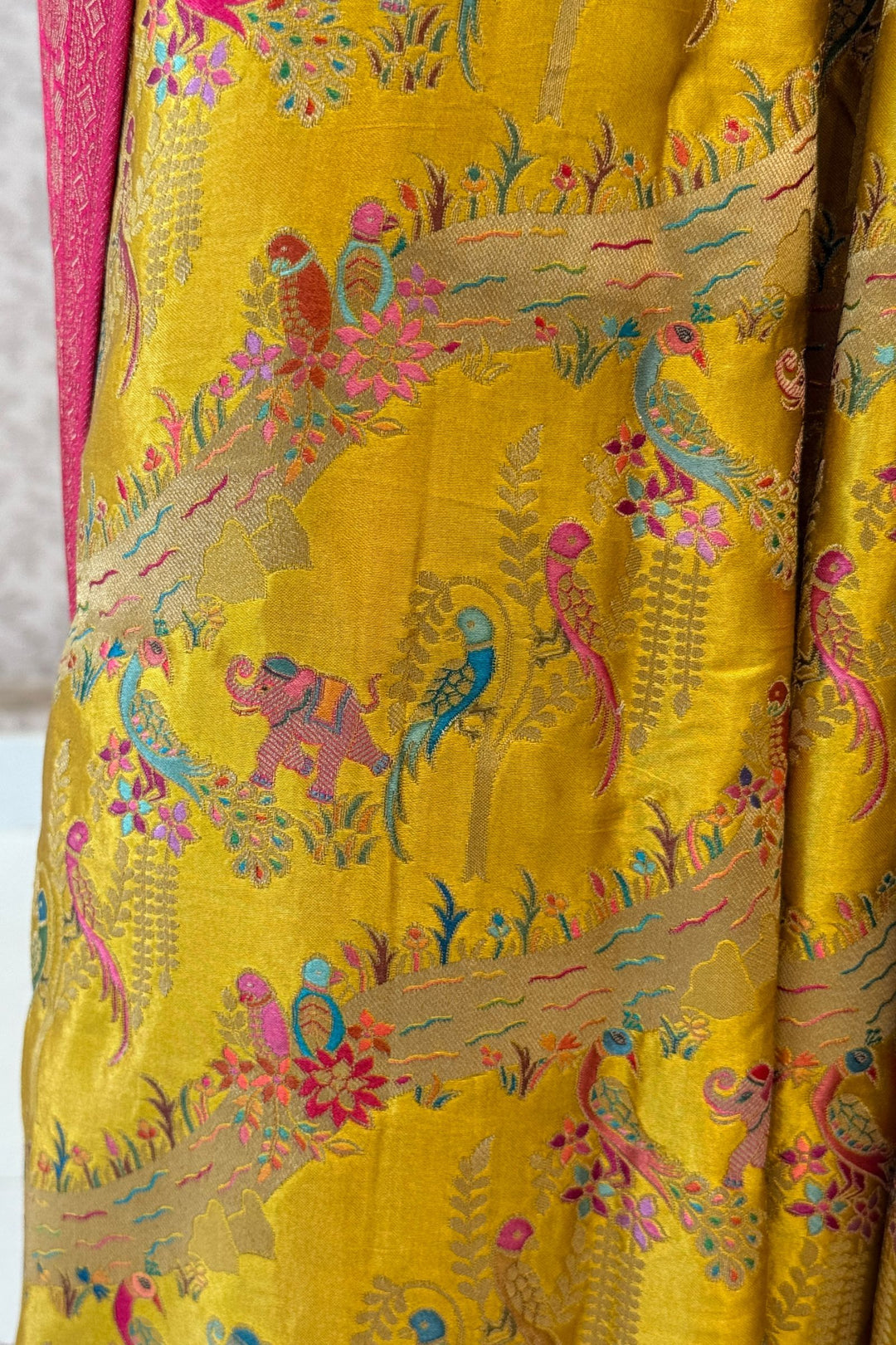 Yellow Saree Featuring Heritage Wildlife and Floral Banaras