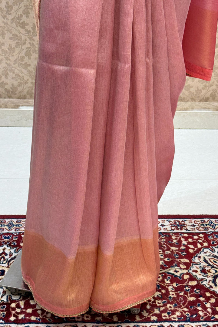 Baby Pink Saree with Beads, Sequins, Zardozi and Zari work Readymade Blouse