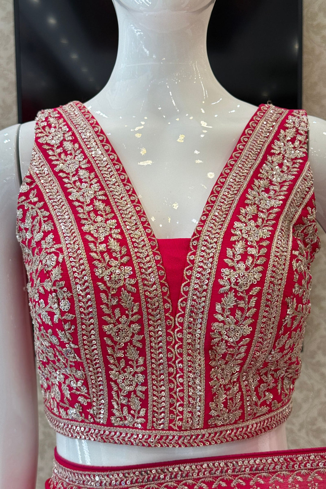 Rani Pink Zari and Sequins work Saree