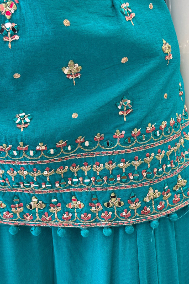Mirror, Sequins, Zardozi and Thread Detail on Rama Blue Festive Kurta with Palazzo Set