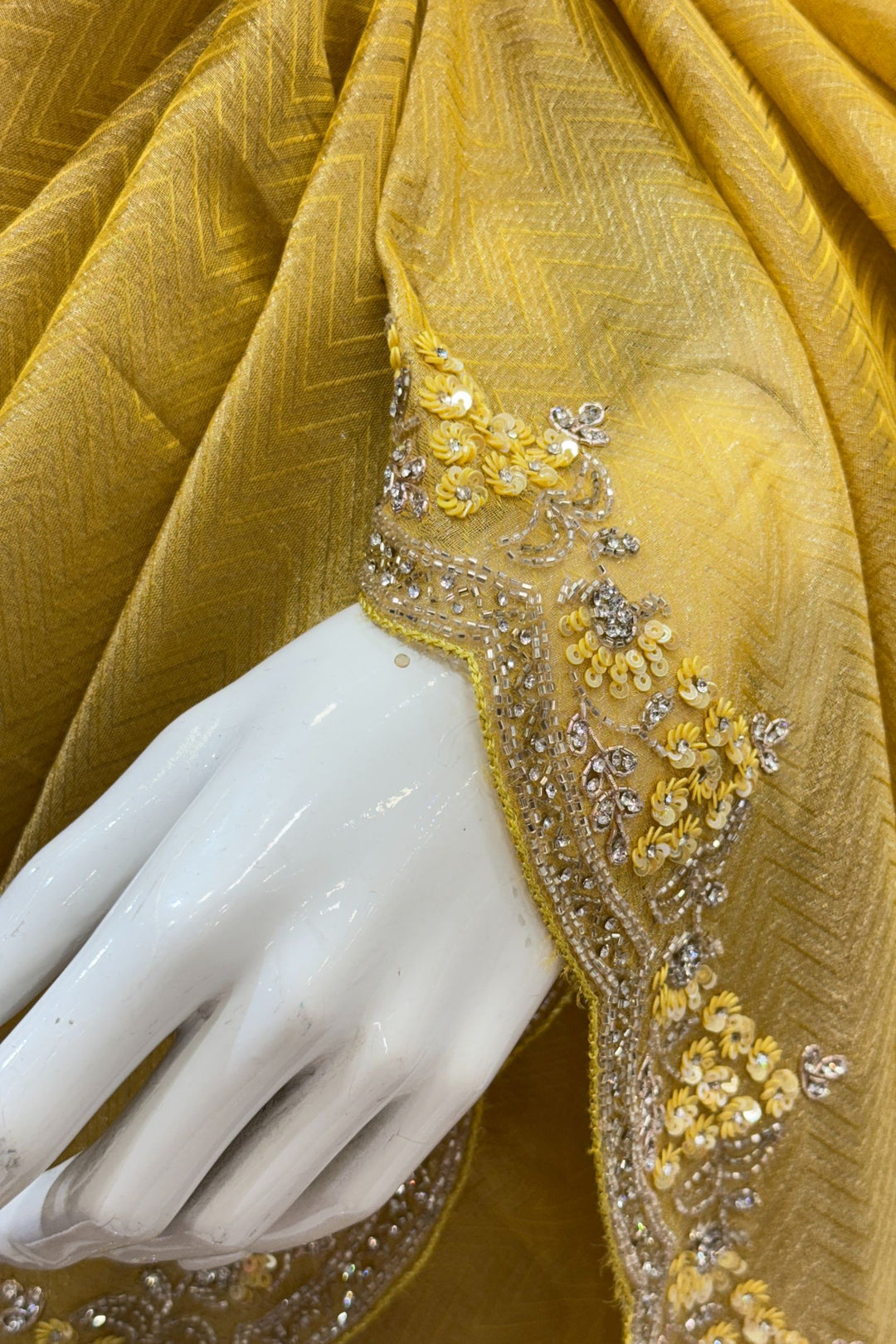 Yellow Beads, Stone, Zardozi, Sequins and Pearl work Saree