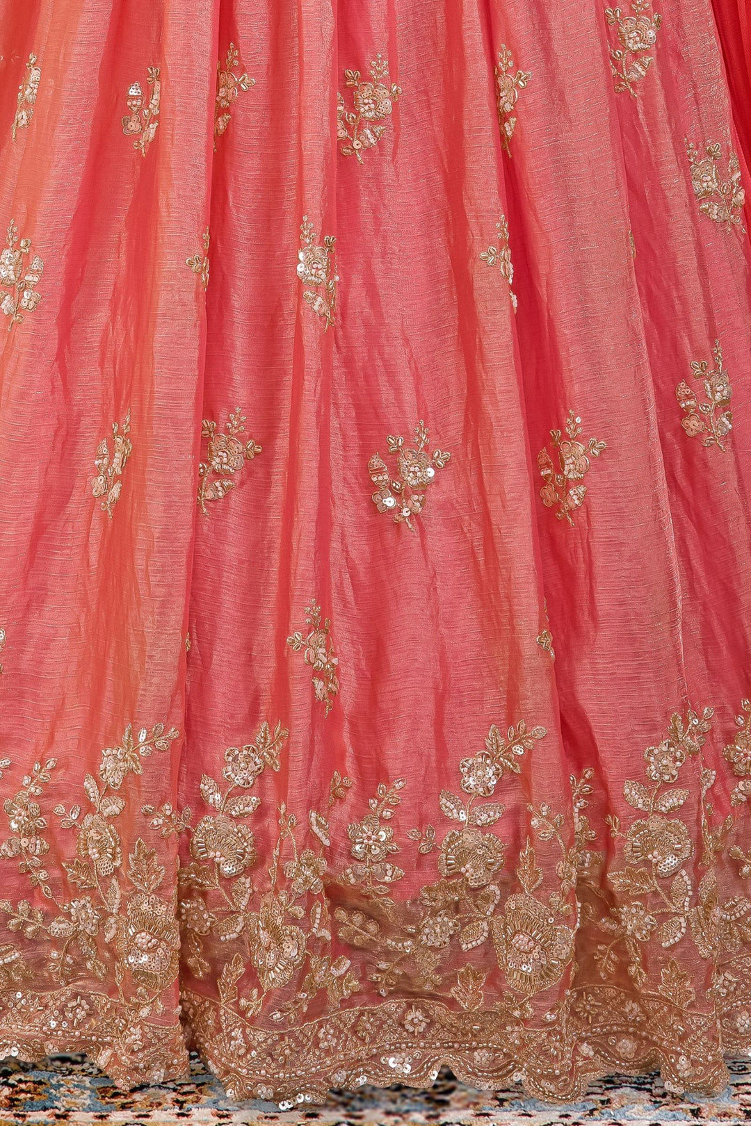 Peach Beads, Zari, Sequins and Pearl work Lehenga Choli for Girls
