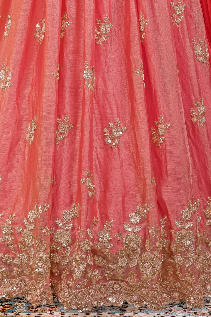 Peach Beads, Zari, Sequins and Pearl work Lehenga Choli for Girls