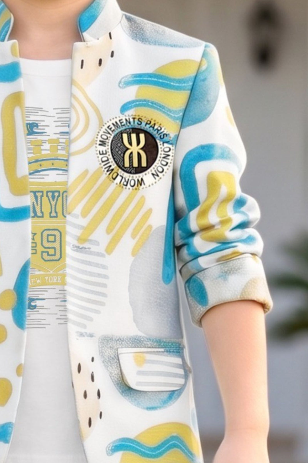 Cream Boys Printed Blazer Set with Cream T-Shirt and Navy Blue Pants