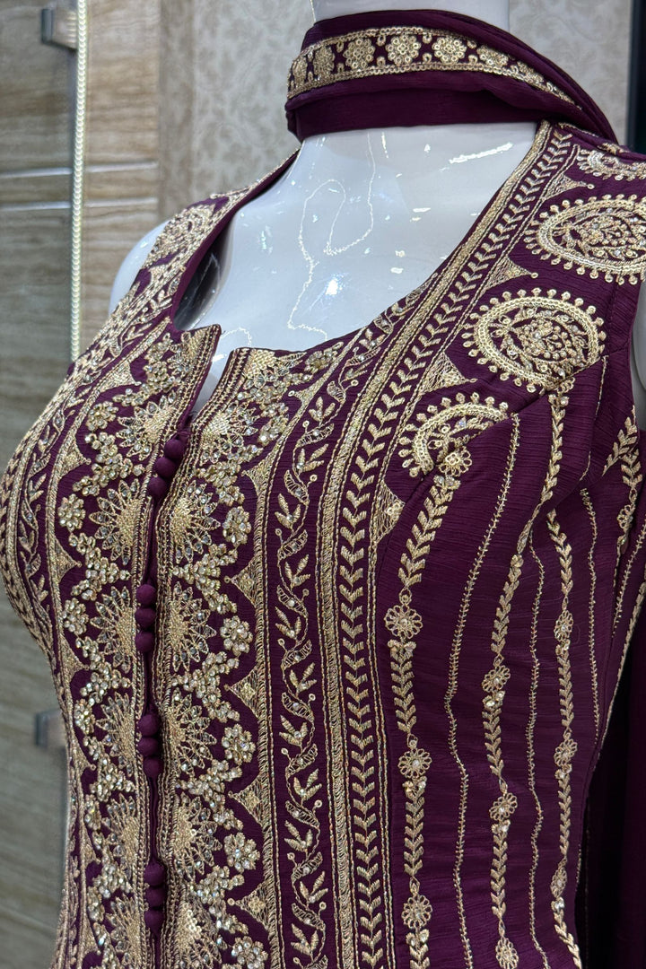 Wine Zari, Sequins, Stone and Beads work Top with Flared Palazzo Set