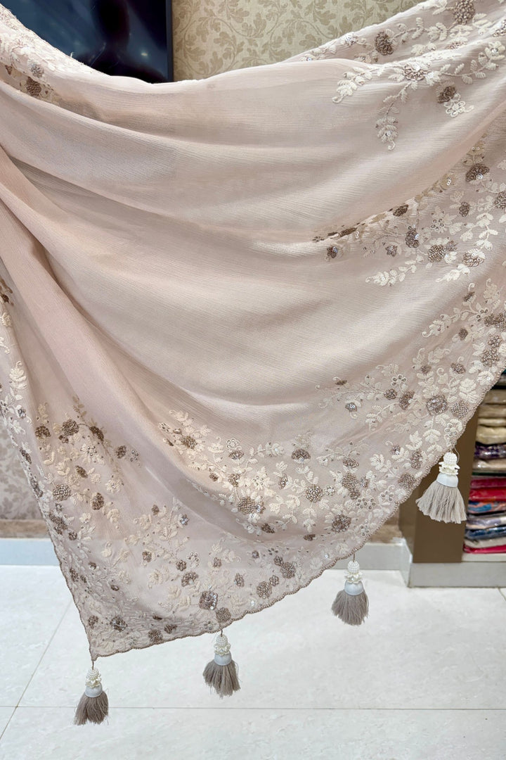 Beige Thread, Zari and Sequins work Saree