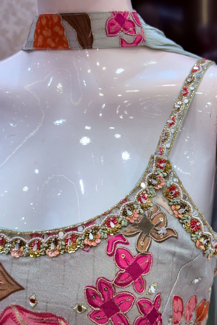 Aqua Blue Mirror, Sequins, Zari and Beads work with Floral Print Palazzo Salwar Suit