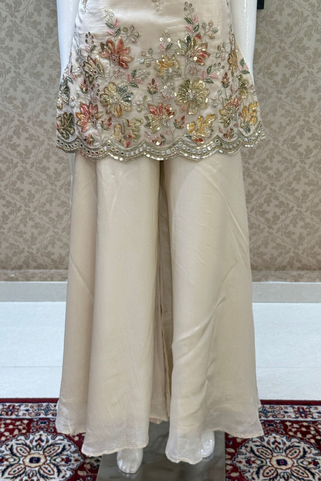 Cream Zari, Sequins, Beads and Mirror work with Floral Print Palazzo Salwar Suit