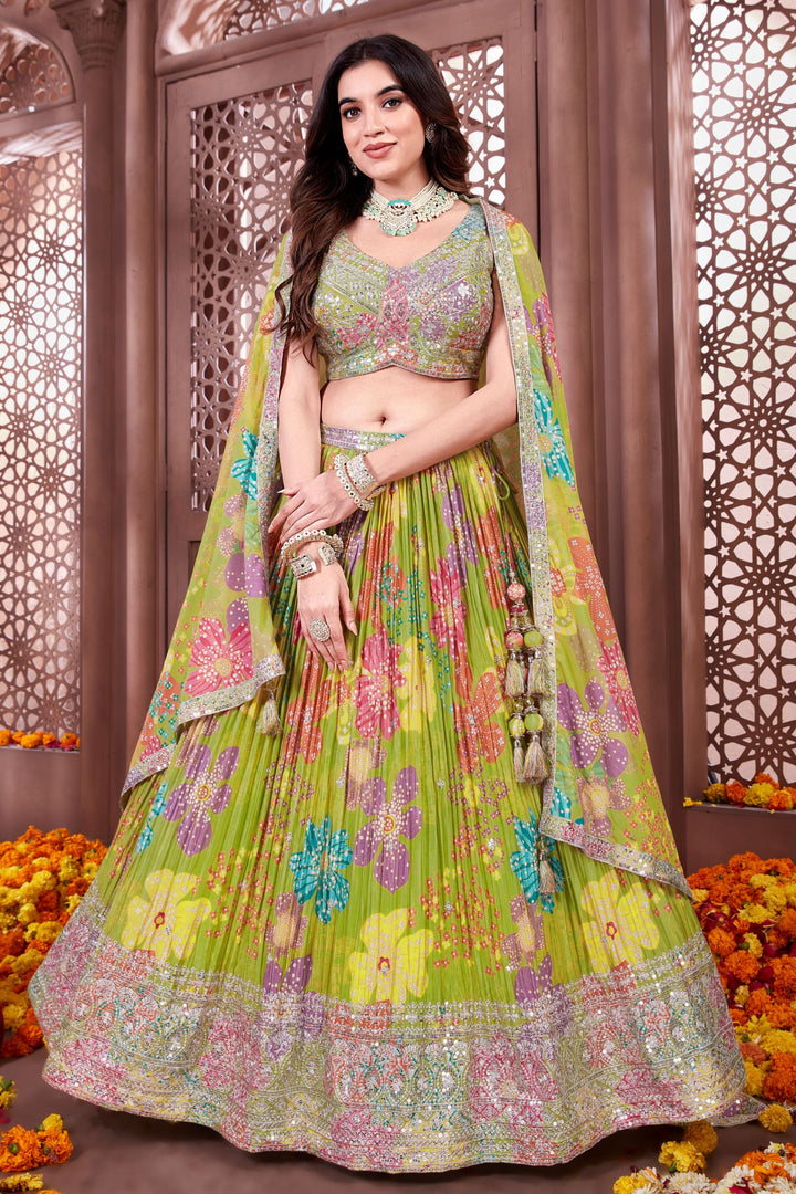 Liril Green Sequins and Zari work with Floral Print Crop Top Lehenga