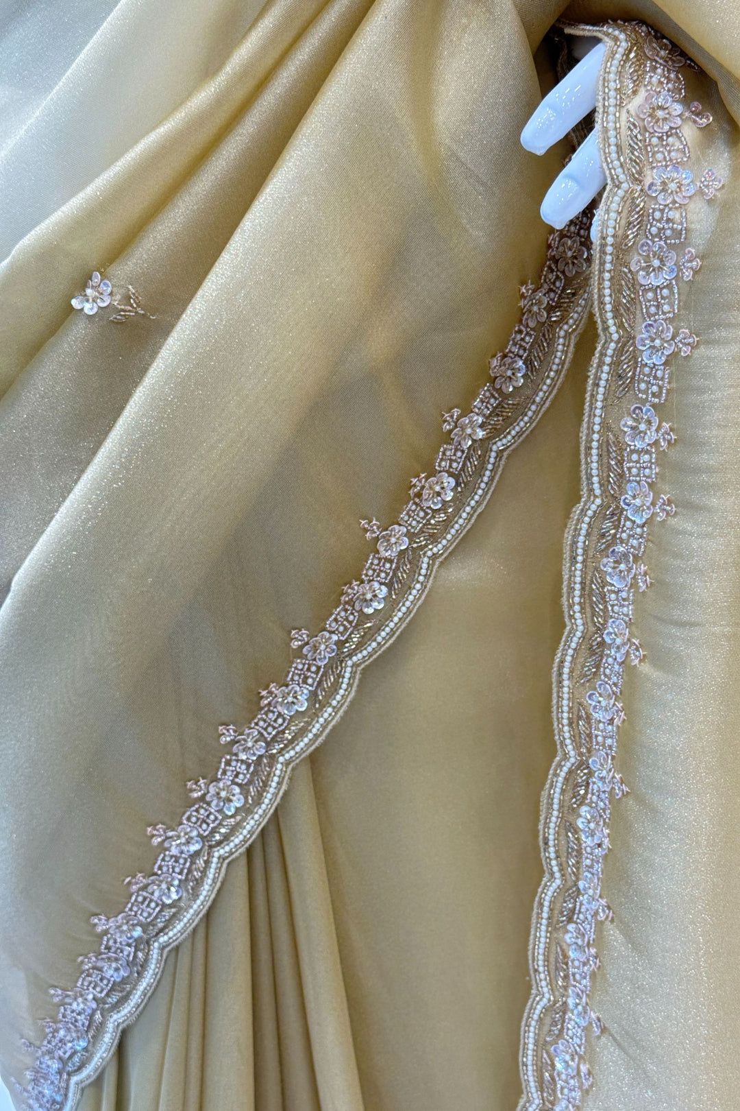 Gold Beads, Sequins, Zari and Pearls work Saree
