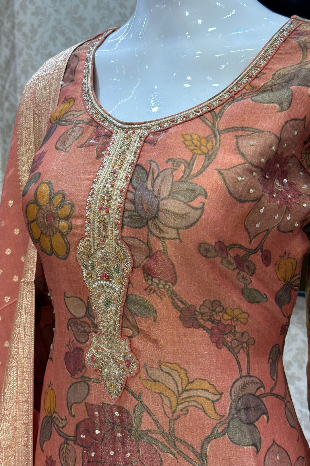 Rust Orange Sequins, Beads, Zardozi and Banaras work Straight Cut Salwar Suit
