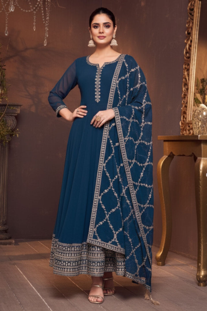 Peacock Blue Stone, Sequins, Zardozi and Beads work Aline Cut Salwar Suit