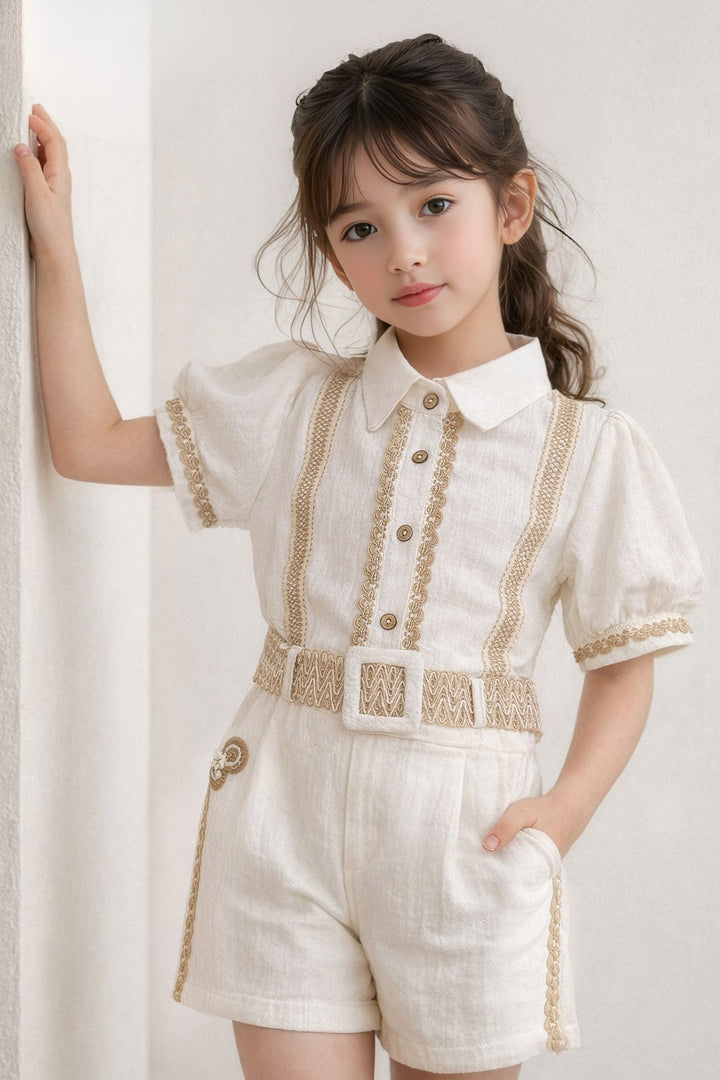 Cream Thread work Top and Shorts For Girls