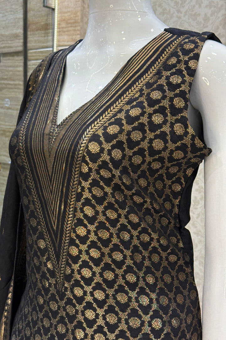 Black Banaras work V-Neck Straight Cut Salwar Suit