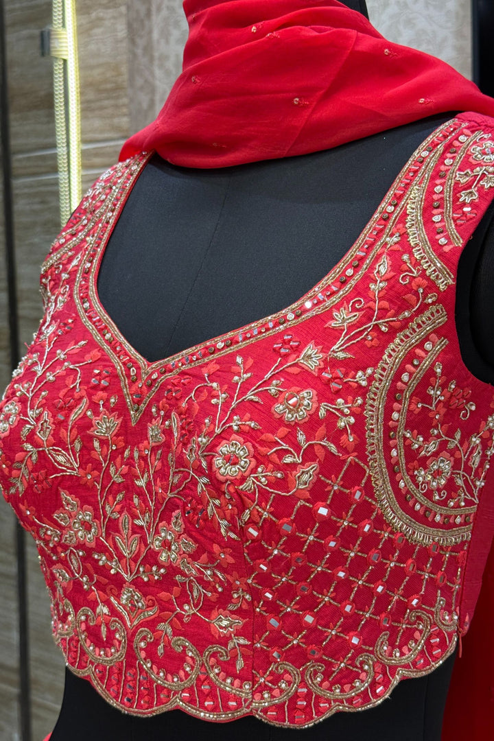 Red Mirror, Zardozi, Beads, Thread, Stone, Zari and Sequins work Crop Top Lehenga