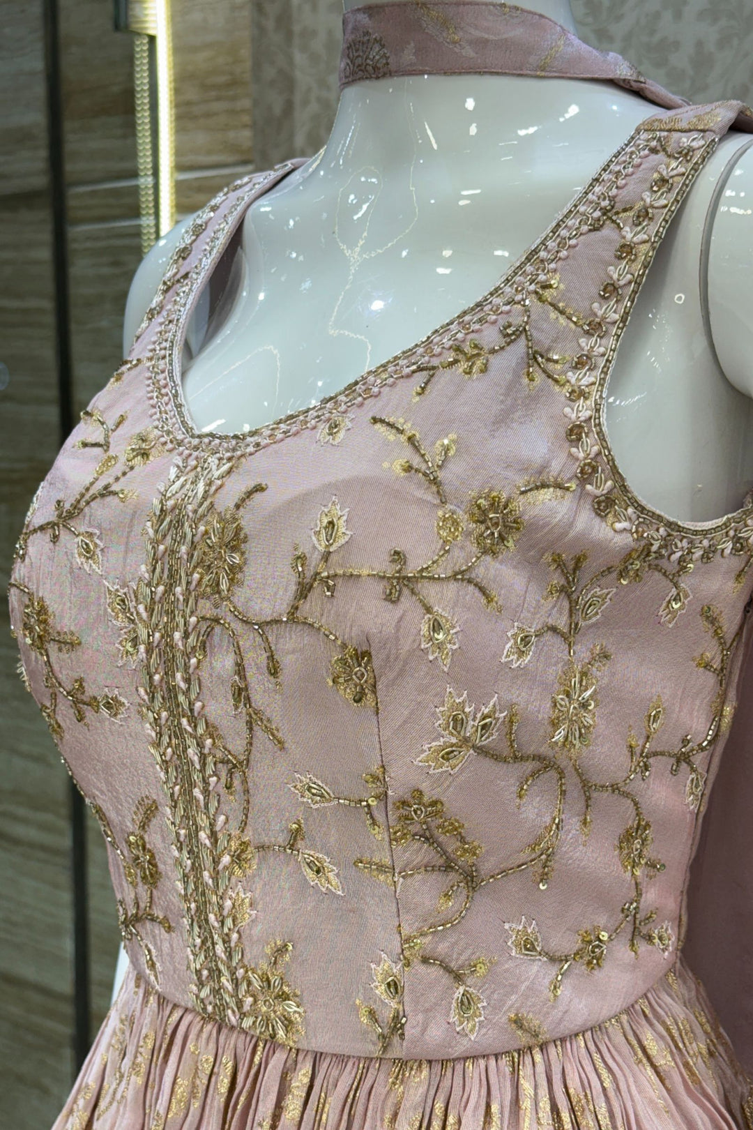 Baby Pink Banaras, Beads, Zardozi and Sequins work Peplum Top with Palazzo Suit Set