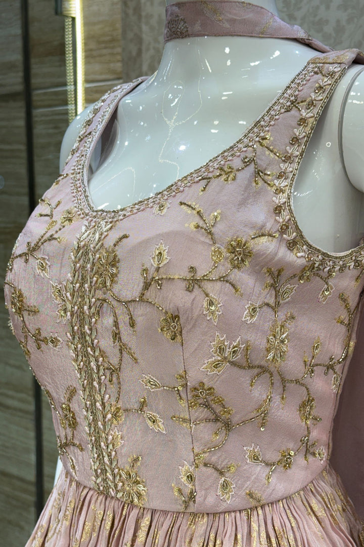 Baby Pink Banaras, Beads, Zardozi and Sequins work Peplum Top with Palazzo Suit Set