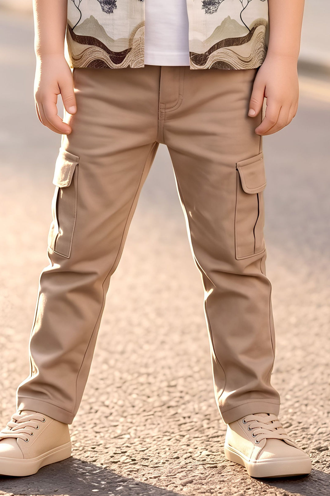 Fawn with Light Brown Blazer, Printed T-Shirt and Pant Set for Boys
