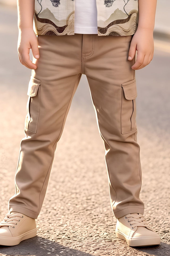 Fawn with Light Brown Blazer, Printed T-Shirt and Pant Set for Boys