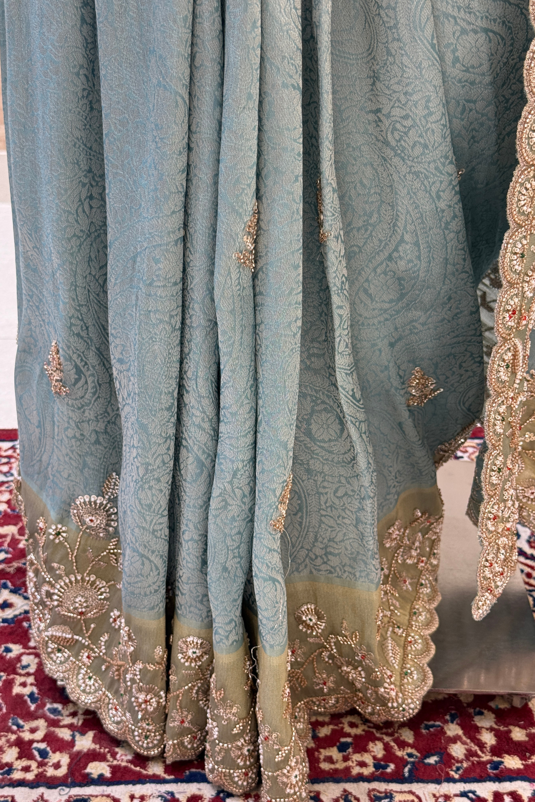 Firozi Blue Banaras, Beads, Sequins and Zari work Saree
