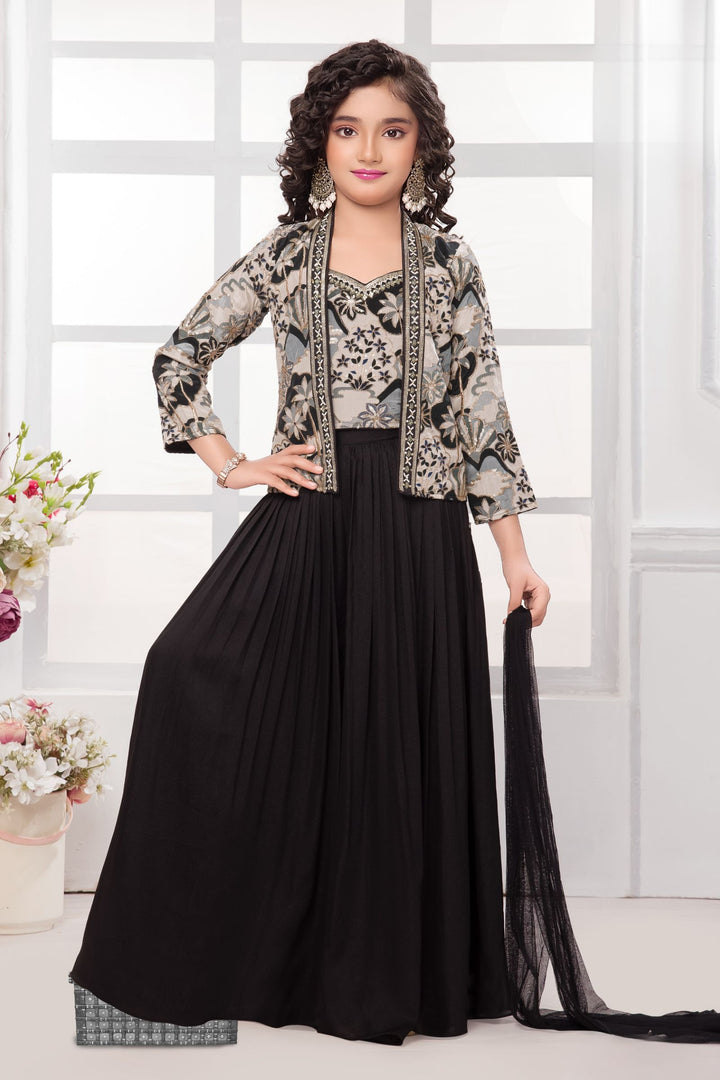 Black Multicolor Digital Print, Beads and Zari work Overcoat Styled Palazzo Set for Girls