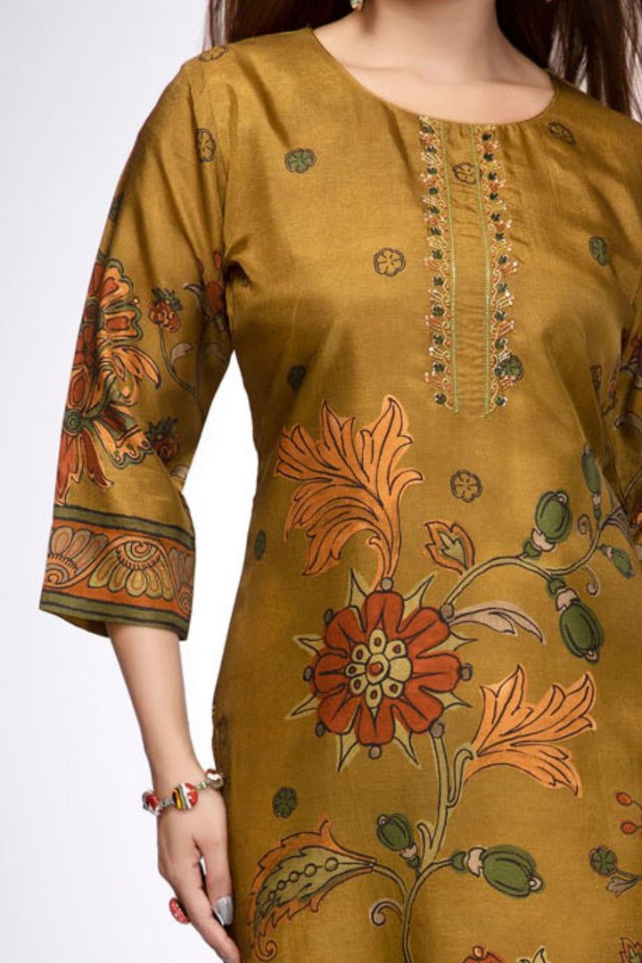 Mehendi Green Floral Printed Straight Kurta