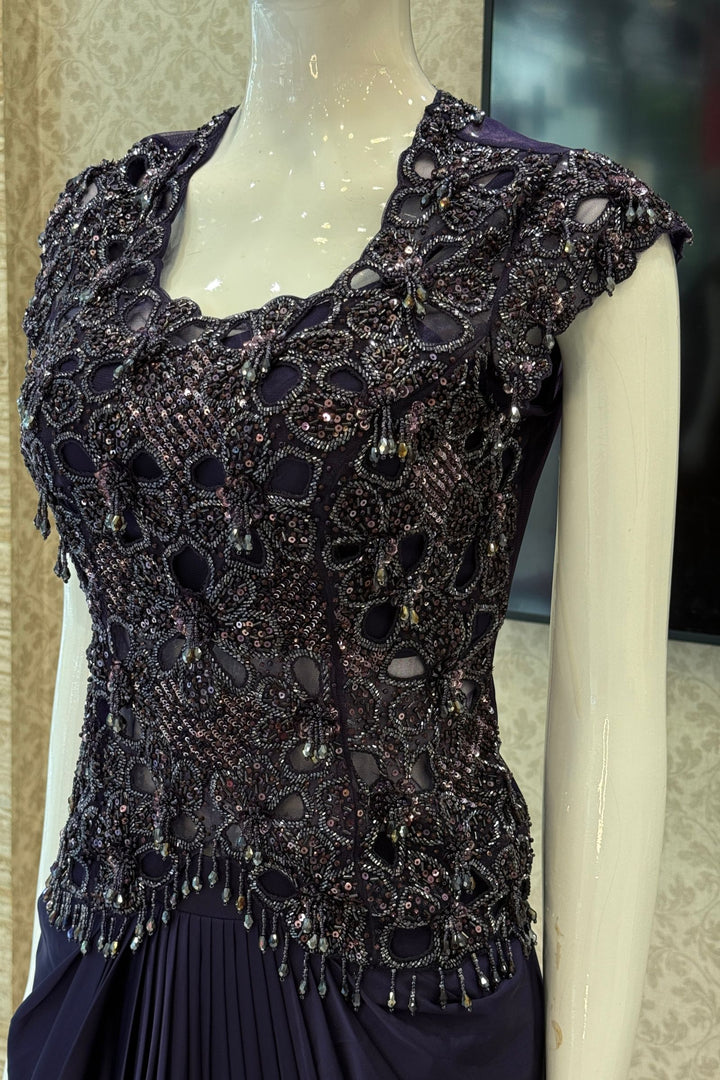 Purple Indo-Western Styled Beads and Sequins work Top and Cowl Skirt