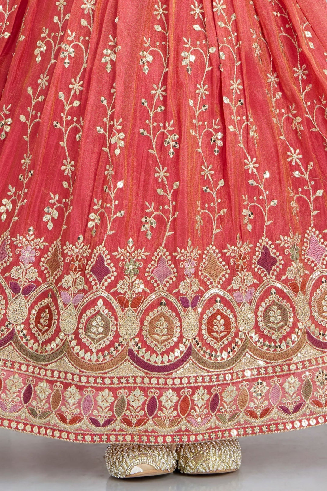 Tomato Red Mirror, Zardozi, Zari, Beads and Sequins work Lehenga Choli for Girls