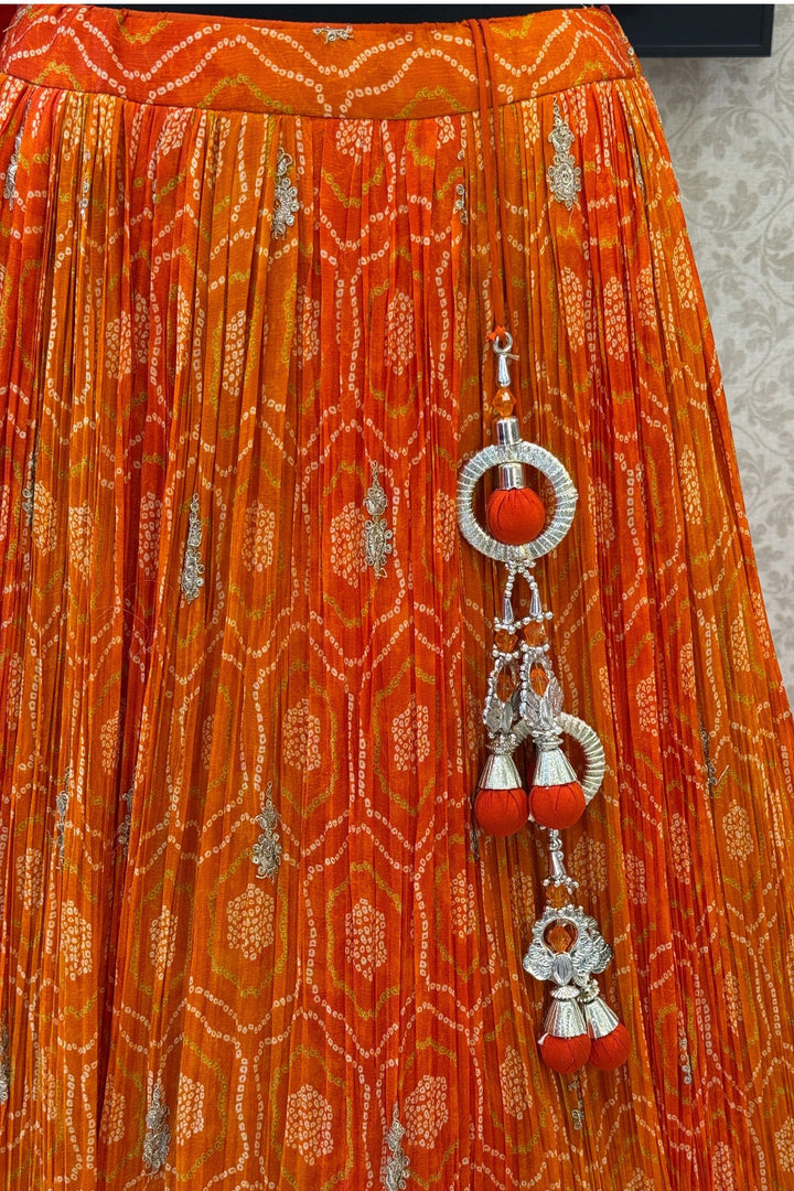 Orange Mirror, Stone, Zardozi and Sequins work with Bandini Print Crop Top Lehenga