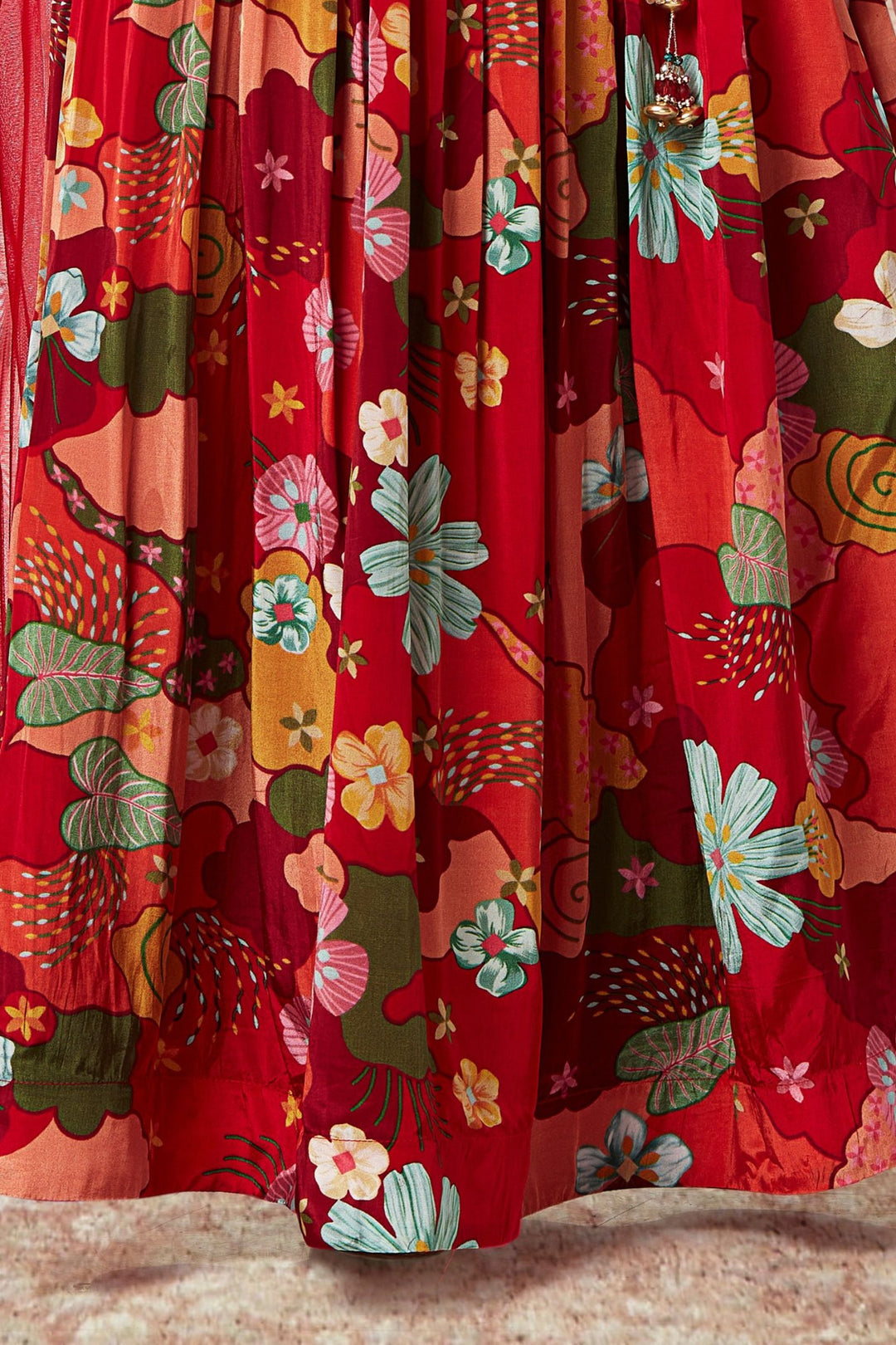 Red Sequins, Zari, Beads and Mirror work with Floral Print Lehenga Choli for Girls