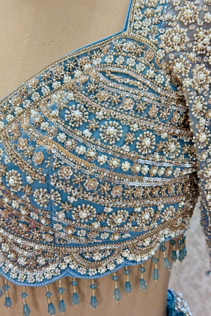 Sea Blue Bridal Lehenga with Intricate Beads, Pearl and Sequins Work