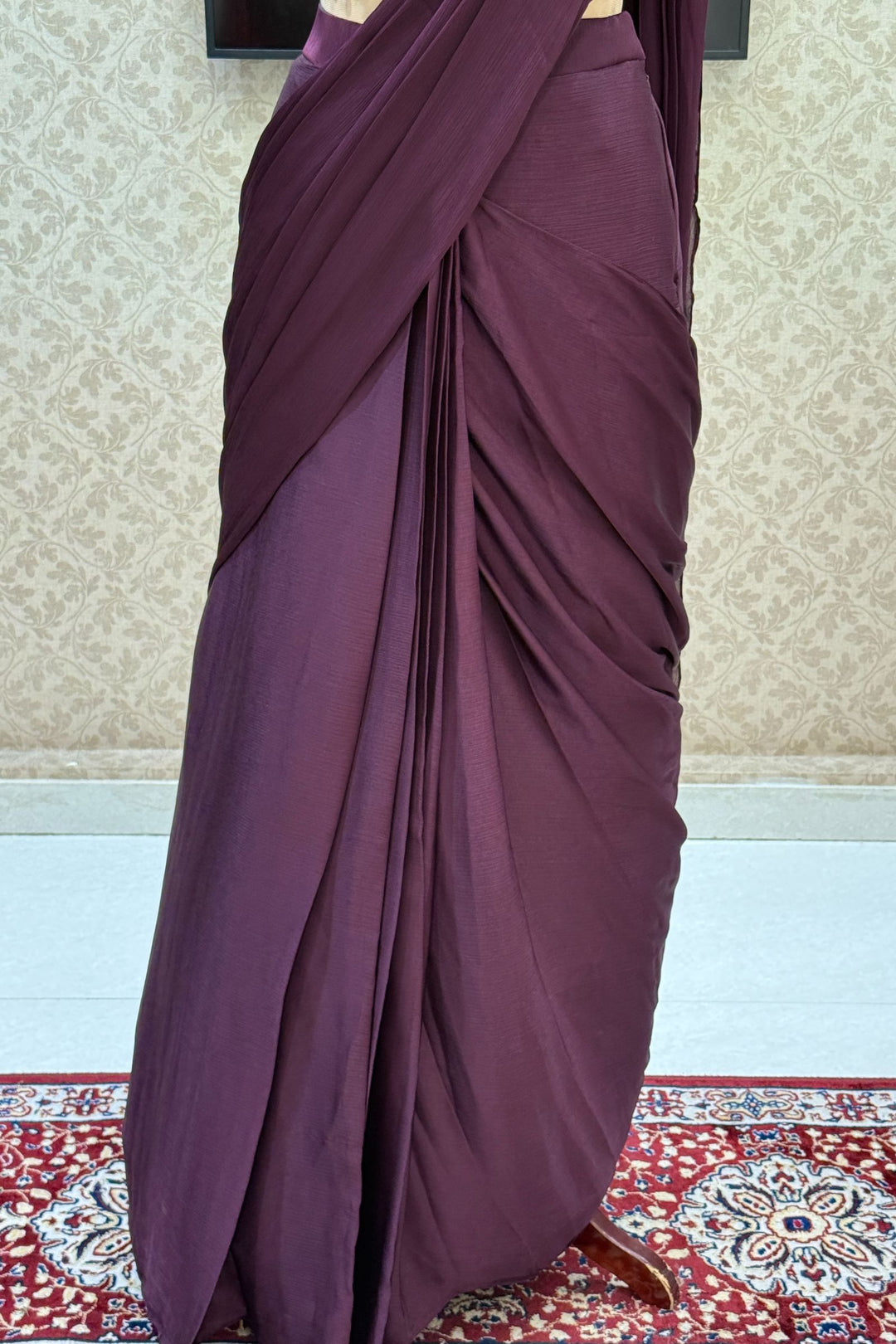 Wine Readymade Saree with Beads, Sequins and Pearl work Readymade Blouse