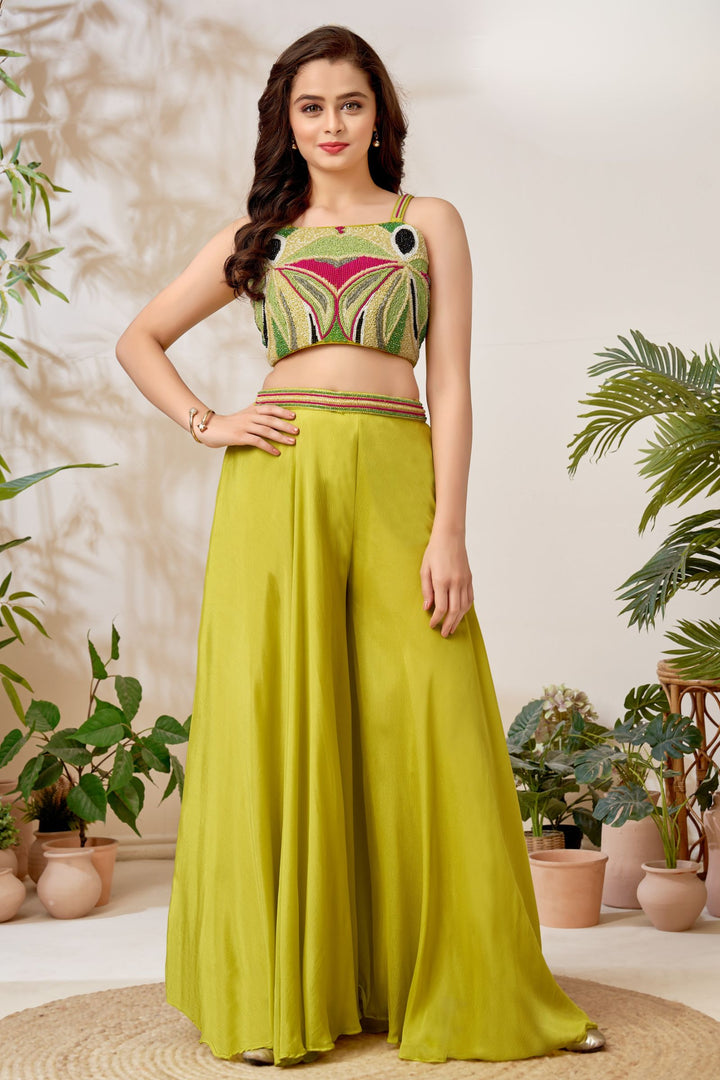 Parrot Green Multicolor Beads work Palazzo Suit Set for Girls